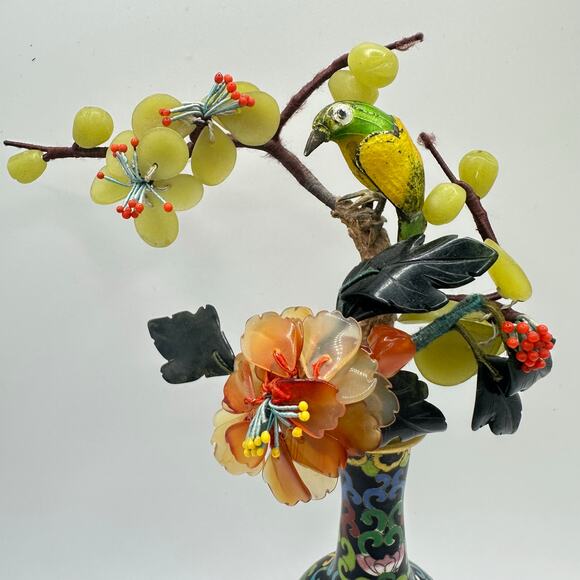 Vintage Chinese cloisonné enamel vase guilloche bird semiprecious flowers tree - Picture 3 of 11